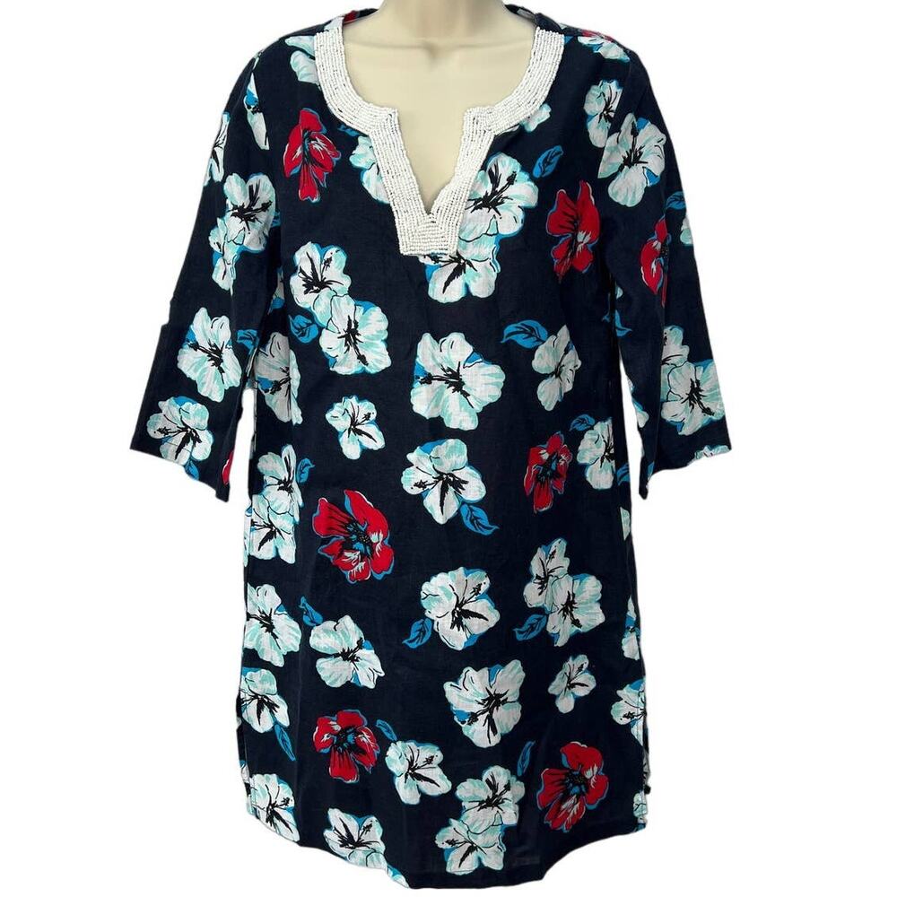 Talbots Womens Tunic Dress Navy Blue Linen Hibiscus Floral Size S Beaded 3/4